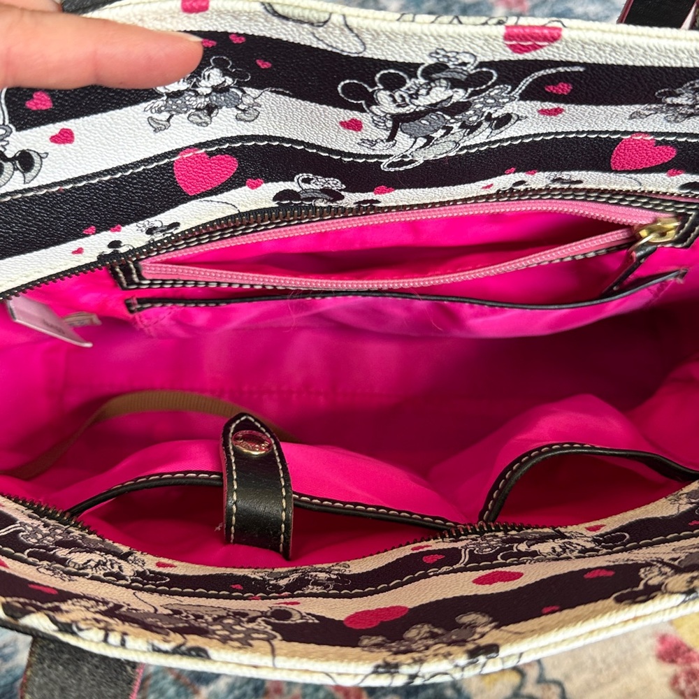 Dooney & Bourke Black & White Stripe Mickey Mouse Tote with Pink Hearts - Picture 3 of 10